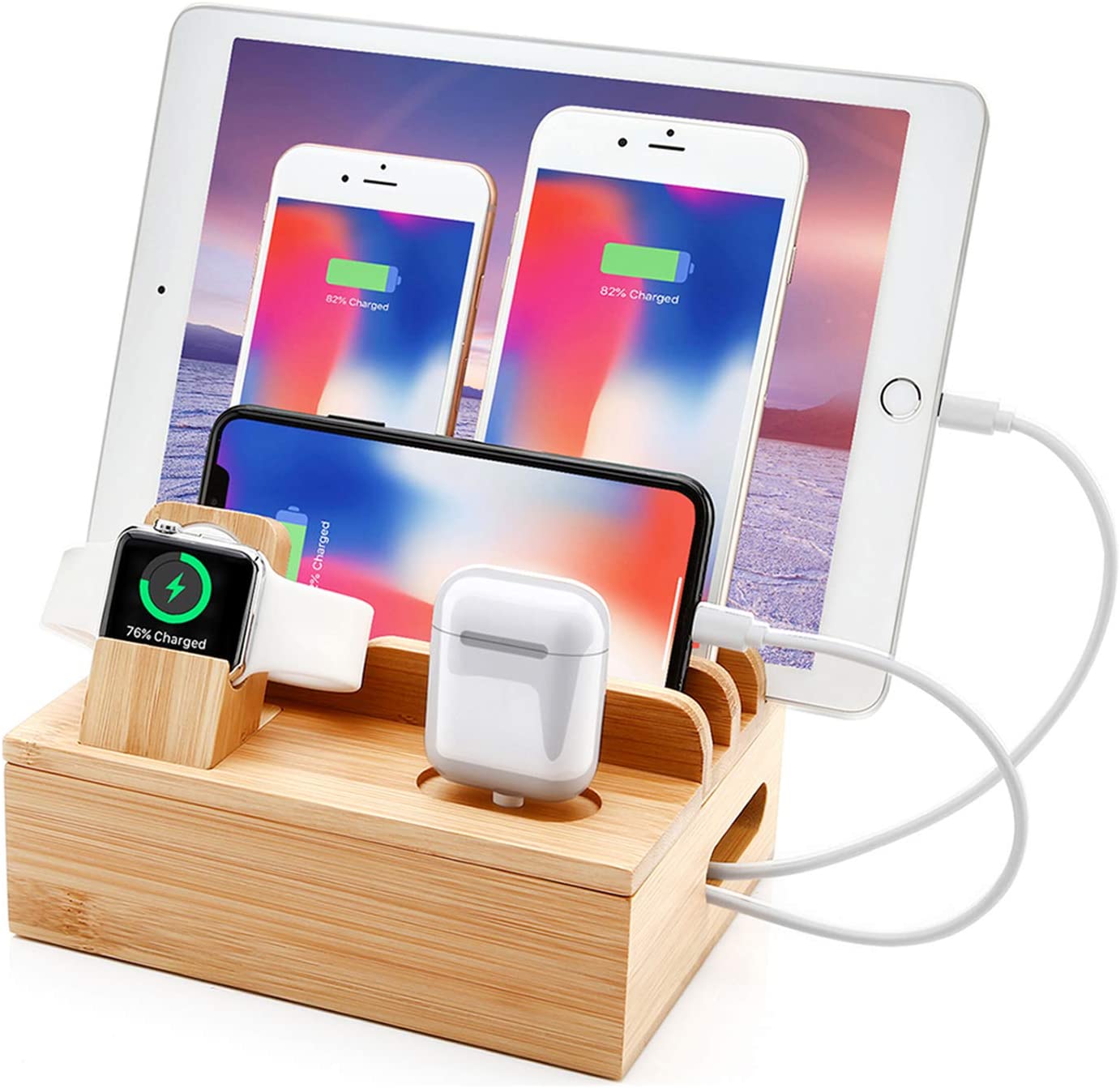 Bamboo Charging Station for Multi Device With 5 USB Charger Port Sendowtek 6 in 1