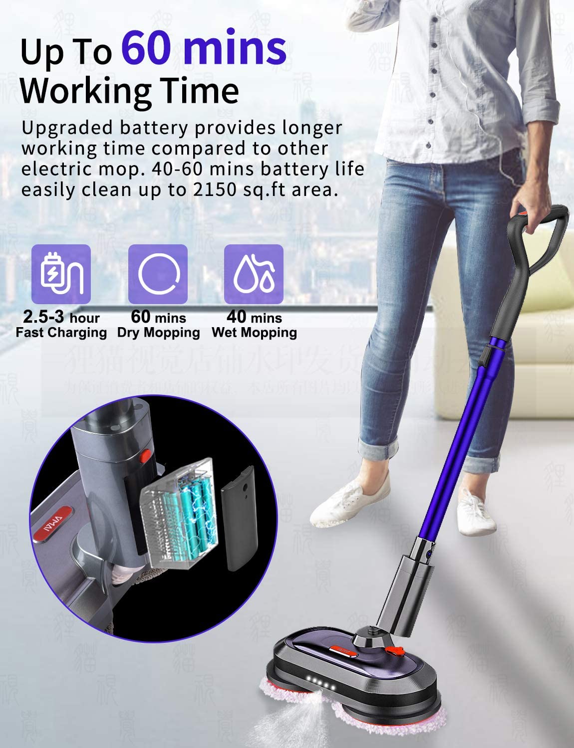 Electric Mop, Cordless Electric Mop with 300ml Water Tank 50dB