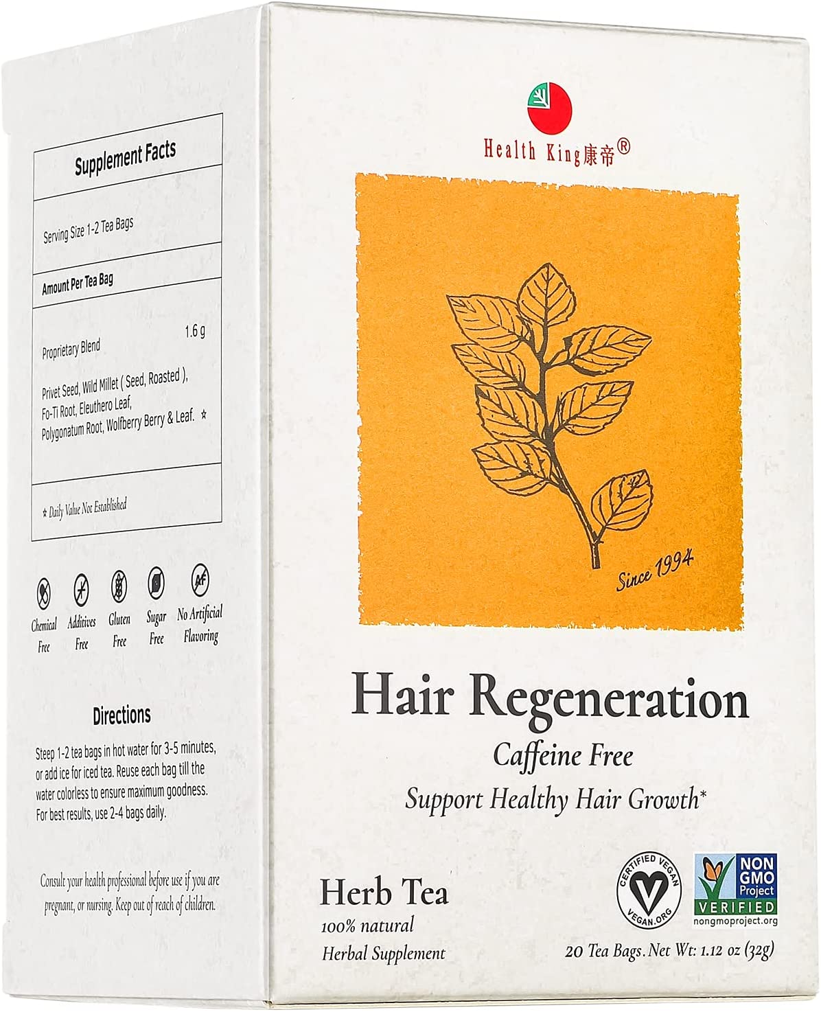 Health King Hair Regeneration Herb Tea, Teabags, 20 Count Box