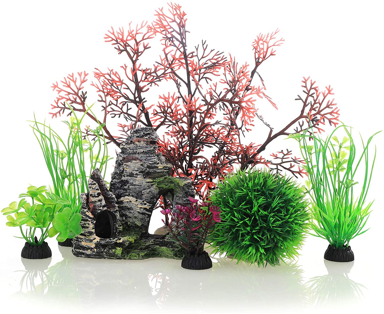 JIH Aquarium Fish Tank Plastic Plants and Cave Rock Decorations (CU89Red-7)