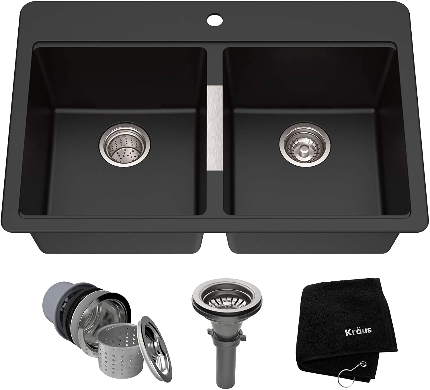 Kraus Quarza Kitchen Sink, 33-Inch Equal Bowls, Black Onyx Granite, KGD-433B model