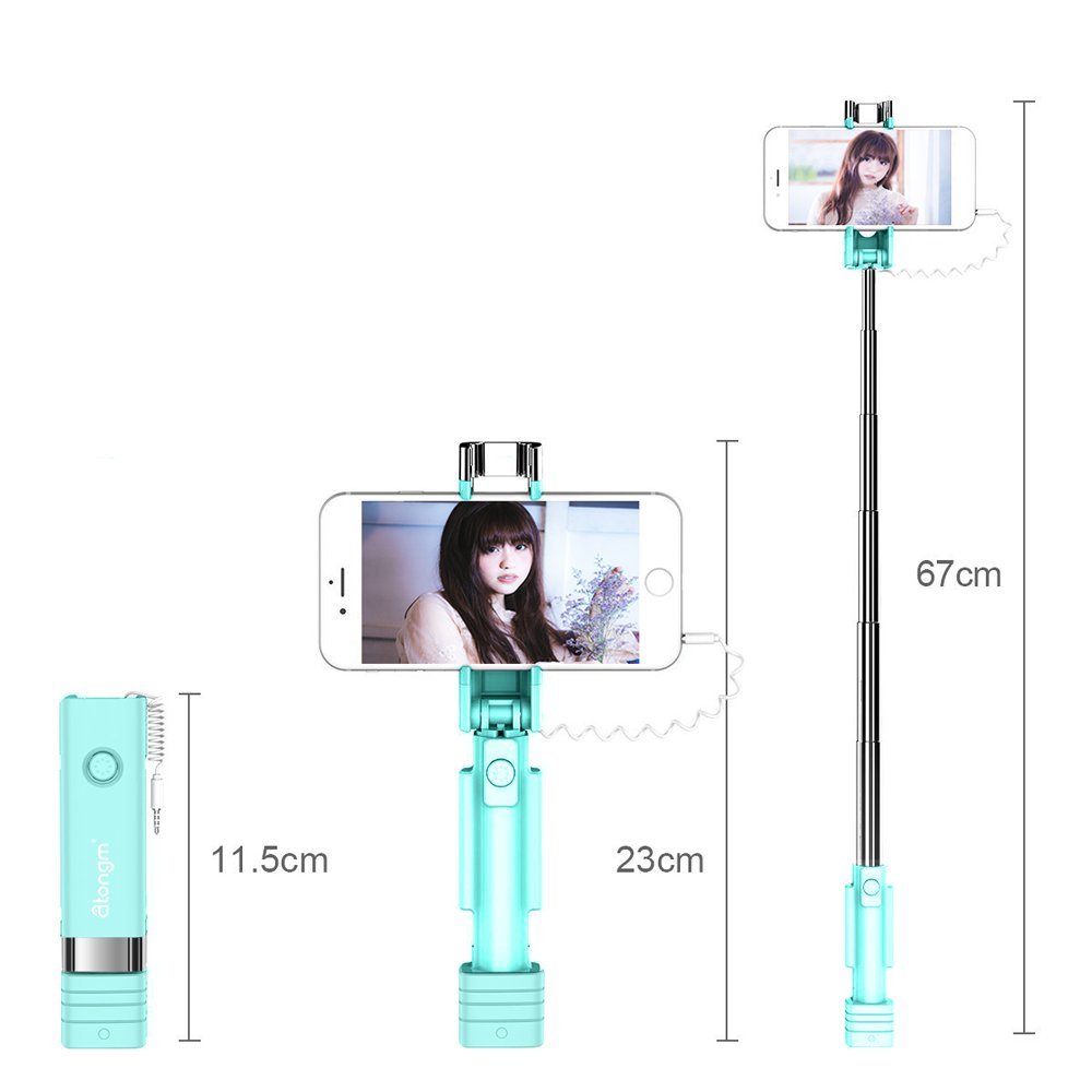 Review of Mini Selfie Stick, Atongm Cell Phone Selfie Sticks Extendable Mini All in One Wire Selfie Stick for Cellphone(iPhone, Android) (Blue)