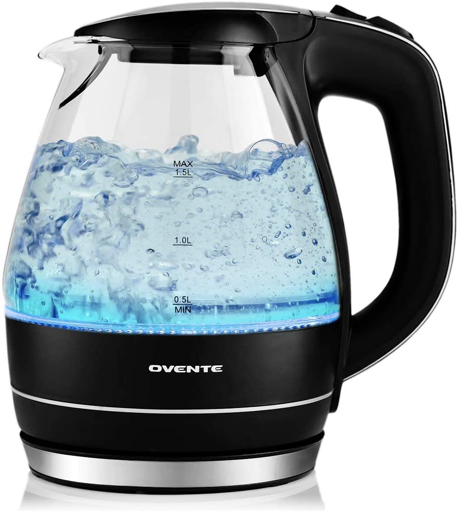 Review of Ovente Portable Electric Glass Kettle 1.5 Liter with Blue LED Light and Stainless Steel Base