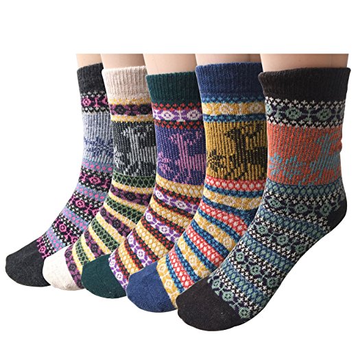 Review of Pack of 5 Womens Vintage Style Thick Wool Warm Winter Crew Socks