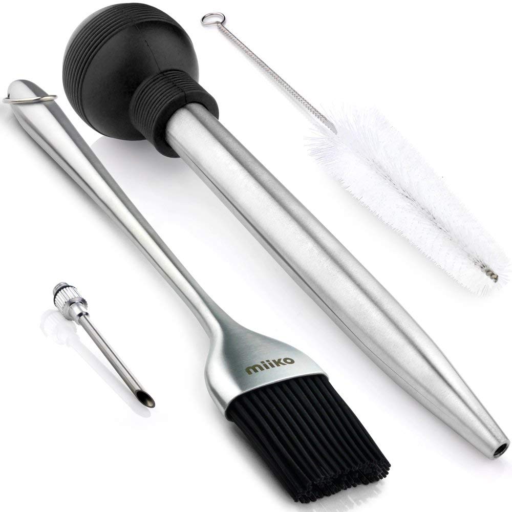 Steel Turkey Baster & Barbecue Basting Brush, with Flavor Injector and Cleaning Brush - By MiiKO
