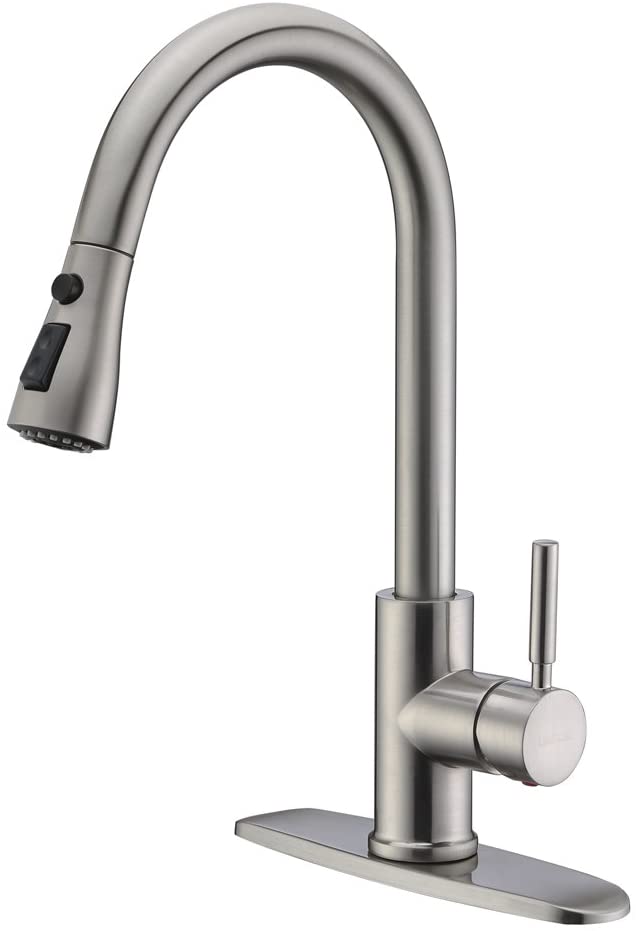 Review of WEWE Single Handle High Arc Brushed Nickel Pull out Kitchen Faucet