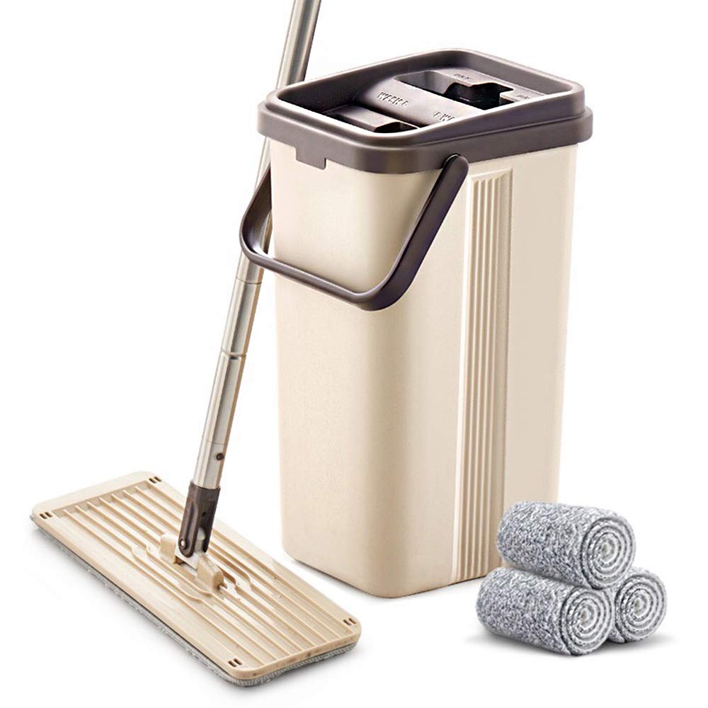 BOOMJOY Microfiber Flat Mop with Bucket, Cleaning Squeeze Hand Free Floor Mop