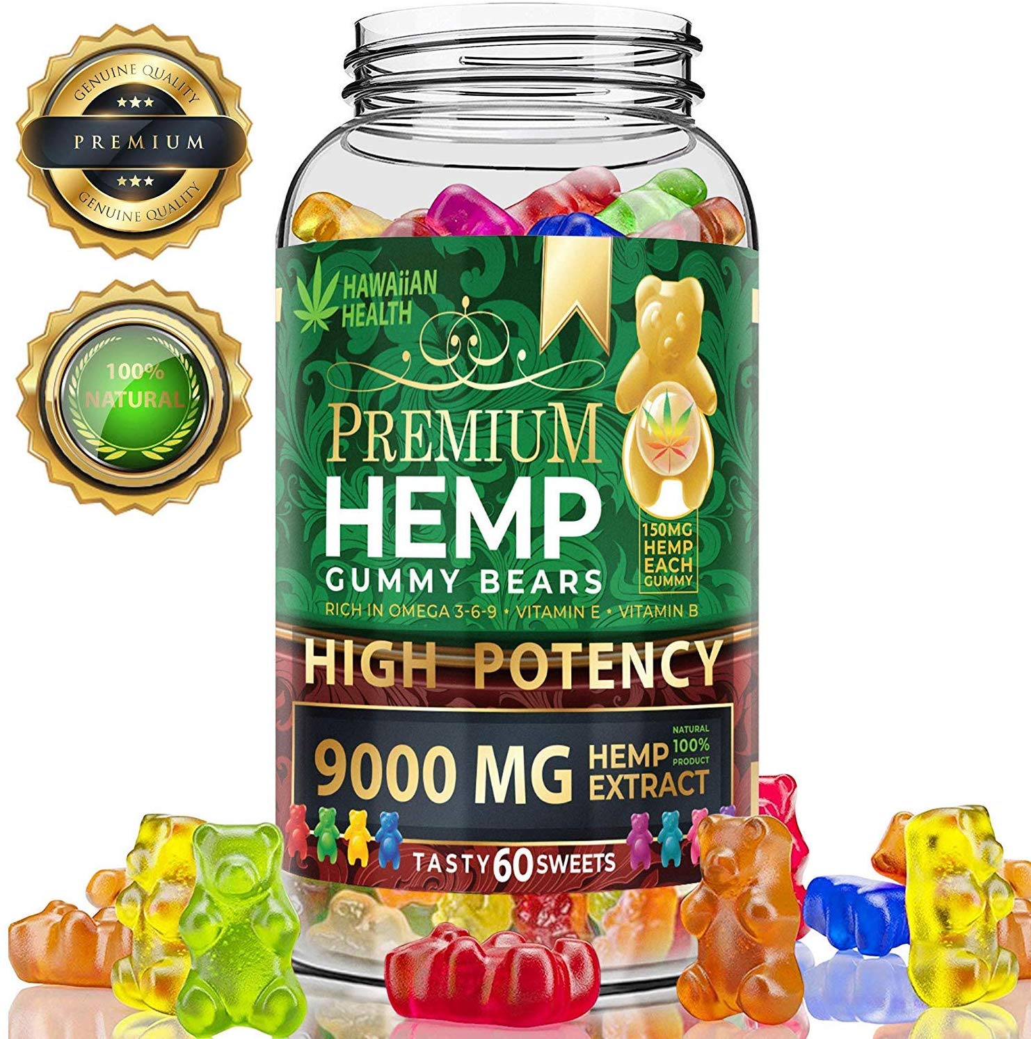 Review of Hemp Gummies Premium 9000MG High Potency 150 Per Fruity Gummy Bear with Hemp Oil by Hawaiian health