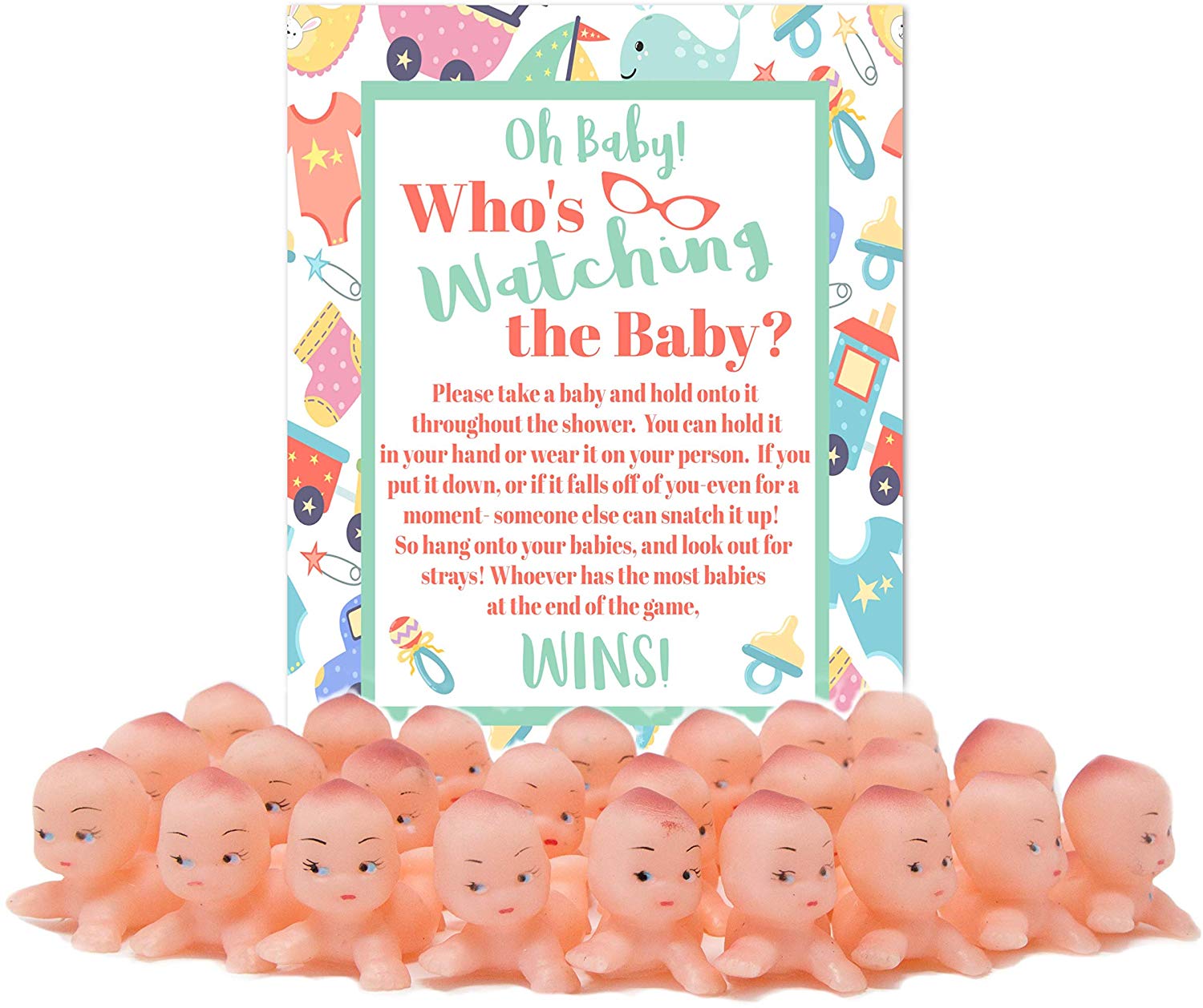 Who's Watching The Baby Shower Game for 24 Players with Plastic Babies